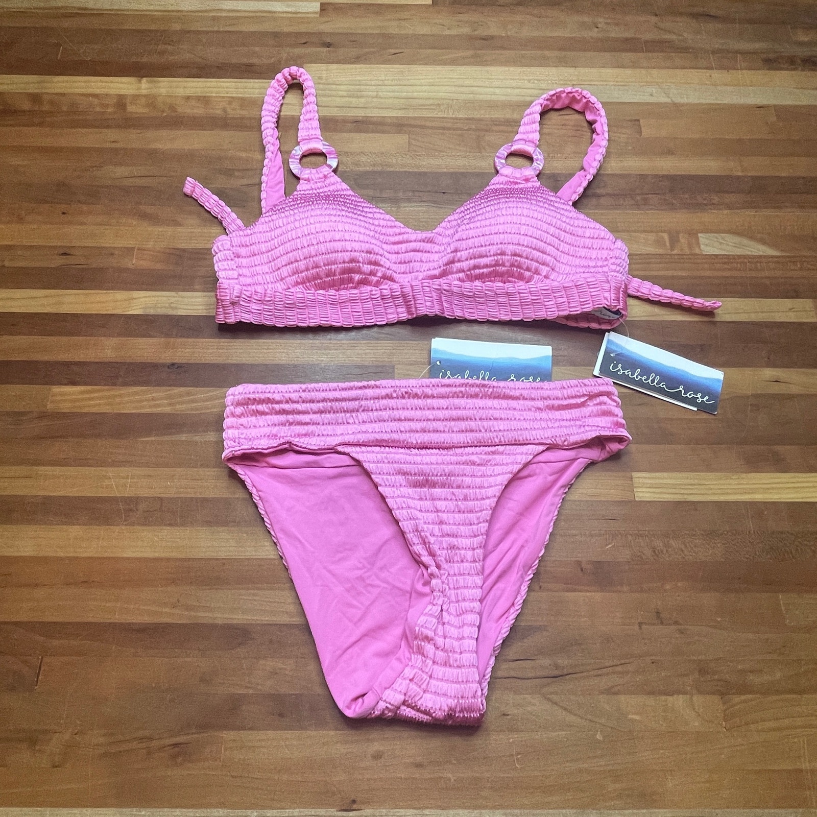 Isabella Rose Maza Textured Bralette Bikini Set Pink Small
